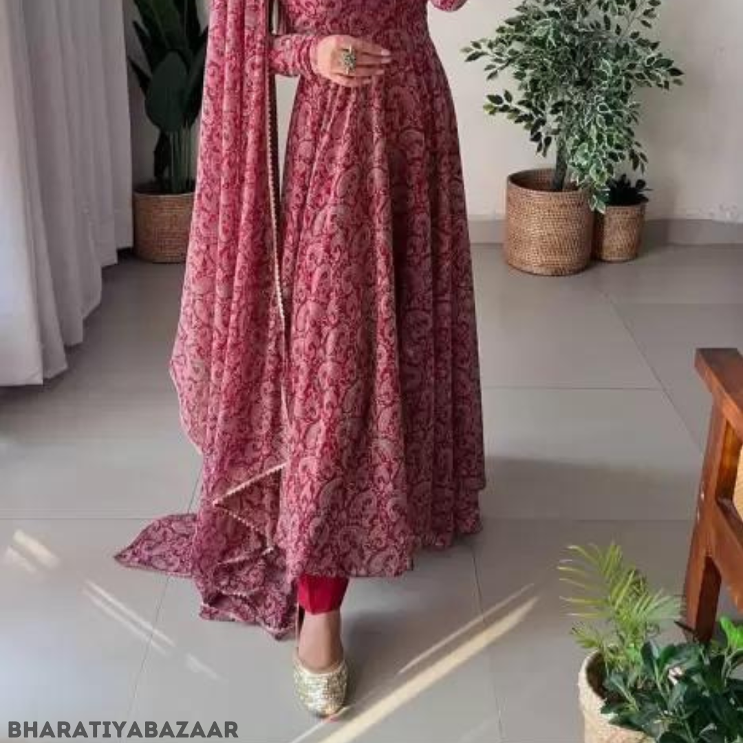 Maroon Floral Bliss Women's Printed Georgette Anarkali Kurta with Attached Dupatta