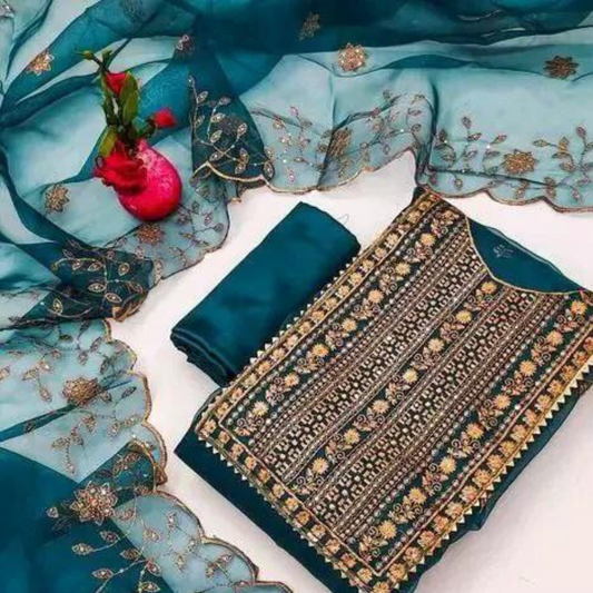 Teal Embroidered Organza Suit and Dress Material for Women
