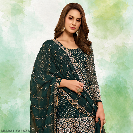 Dark Green Embroidered Sharara Suit in Georgette: Perfect for Special Occasions