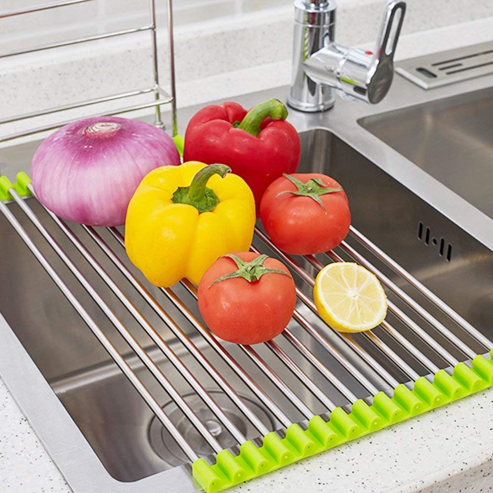 Roll Up Stainless Steel Sink Draining Rack - Space-Saving Kitchen Dish Drainer (Green)