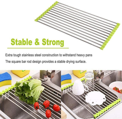 Roll Up Stainless Steel Sink Draining Rack - Space-Saving Kitchen Dish Drainer (Green)